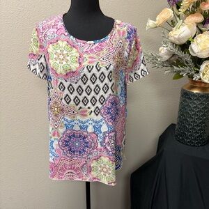 Spense Boho Medallion Print Short Sleeve Tunic Top Pink Blue M/M